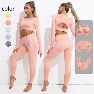 Ropa de Yoga personalizada para mujer, Leggings de sujetador Sexy de manga larga de cintura alta, conjuntos de Yoga de 3 piezas sin costuras