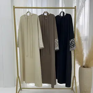 2024 nuevo Lino Abaya bordado cerrado Abaya venta al por mayor ropa islámica modesto Dubai Abaya mujeres vestido musulmán