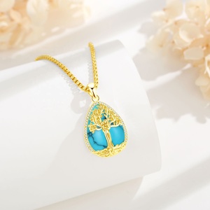 Bijoux Mère et Enfant, collier avec pendentif en forme de larme en turquoise plaqué or 18 carats, arbre de vie, pour la vente en gros et les cadeaux - Product Image 3