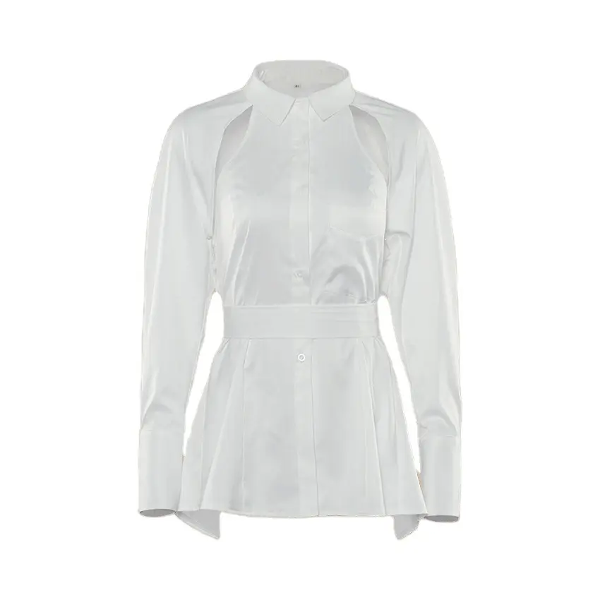 MOTE-AC178 Long-Sleeved Blouse White Shirt Women'S Spring 2022 New Bow Style Waist Open Back Hollowed Out Strap Shirt Top Bow