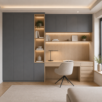 Armoires de bureau bleu-gris et chêne clair avec bureau, tiroirs et rangements ouverts