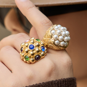 Anillo de Diseño Vintage con Forma de Cápsula de Loto, Acero Inoxidable, Chapado en Oro de 18K, con Piedra de Vidrio de Color, Anillo de Moda para Mujer - Product Image 3