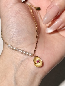 UM Jewelry 925 Silver 18K Gold Plated Calla Lily Whisper Freshwater Pearl <b>Red</b> Zircon Chain <b>Bracelet</b> for Unisex Wedding - Product Image 4