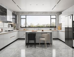 SANTOPOVA Modern High Gloss White L-Shaped Kitchen Set with <b>Wooden</b> <b>Trim</b> and Built-in Appliances - Product Image 2