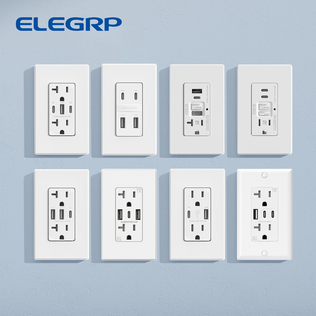 ELEGRP Universal Electrical Power Double Wall Outlet USB Charge Receptacle Type-C Wall Socket with 3 AC USB Port