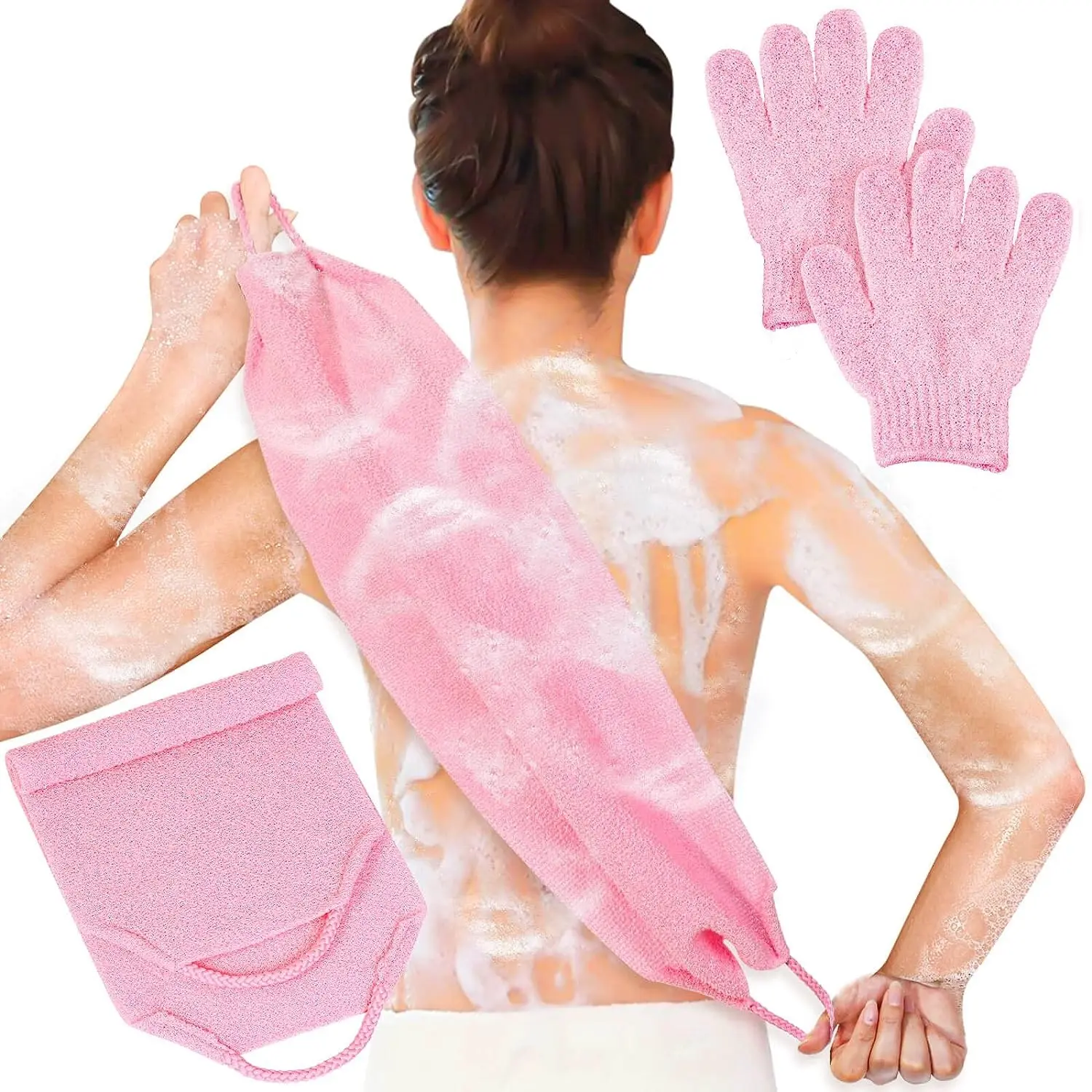体、顔、シャワー、バス、スクラブ、エクスフォリエーター用の角質除去シャワーバスグローブバックスクラバーセット (ピンク)