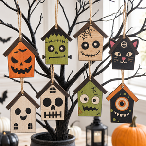 House Shaped <b>Wooden</b> Halloween Ornaments Pumpkin Frankenstein Ghost Skull Black <b>Cat</b> Monster Face Spooky <b>Tree</b> Hanging Party Decor - Product Image 1