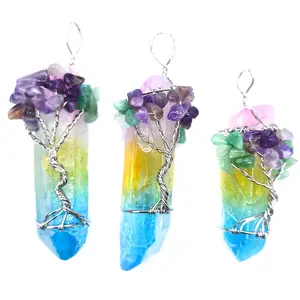 Wholesale handmade wire plating color wrap tree of life natural crystal tower raw stone pendant fashion necklace