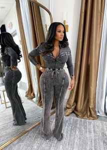 Peeqi NY8199 kış güz kadın kıyafetleri uzun kollu pamuk yıkanmış asit mahsul ceket ve pantolon 2 parça Set Lady Vintage Streetwear - Product Image 6