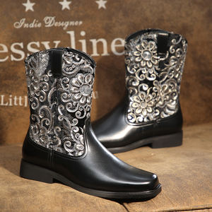 Nouvelle tendance 2024, bottes de cow-boy en cuir brodé bicolore noir et marron pour femmes et hommes - Product Image 1