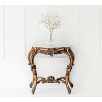 Console antique de style européen en bois massif sculpté, plateau en marbre doré vintage, meuble d'entrée pour palais, villa, hôtel, ferme, maison.