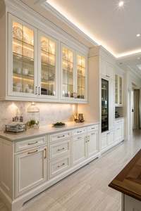 Factory Direct Luxury European Style Custom Kitchen Cabinets Modern <b>Light</b> Grey Built-In Pantry <b>Cupboard</b> With Glass Display Units - Product Image 3