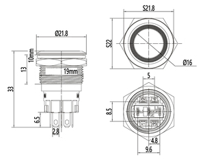 5A IP65 niveau étanche interrupteur à bouton-poussoir en métal illuminé 19mm tête plate autobloquante laiton/acier inoxydable momentané 12mm - Product Image 3