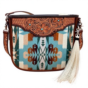 Sac à main en cuir véritable de style western, forme seau, avec rabat, pompon, léger, décontracté, sac à bandoulière, double poignée, bandoulière géométrique - Product Image 1
