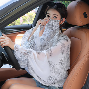 Sciarpa quadrata da donna musulmana protettiva dal sole, in chiffon di seta ghiaccio, set velo a mantella, estivo, coreano, per guida e ciclismo, copri stomaco, floreale - Product Image 2