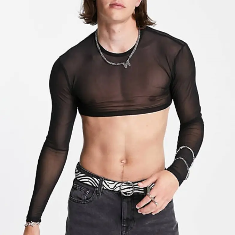 Wholesale Long Sleeve Muscle Transparent Sexy Mesh Polyester Mens Custom Crop Tank Top