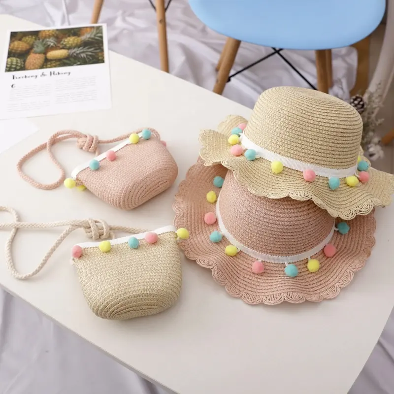 Custom logo luxury toddler sun cute child kids children beach purses and STRAW sun hats sets for baby uv protection program