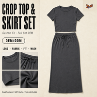 Ensemble jupe longue et tee-shirt court décontracté en charbon de bois délavé à l'acide, personnalisé, ODM, un ensemble pour la vente en gros en usine pour femmes