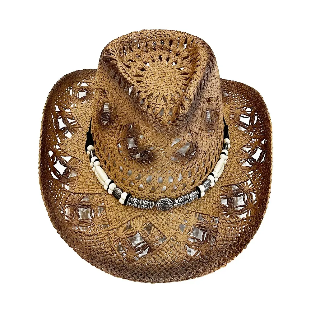 New Natural Western Style Paper Cowboy Straw Hat Sun Cap Mens Logo With Beaded Trim Strap