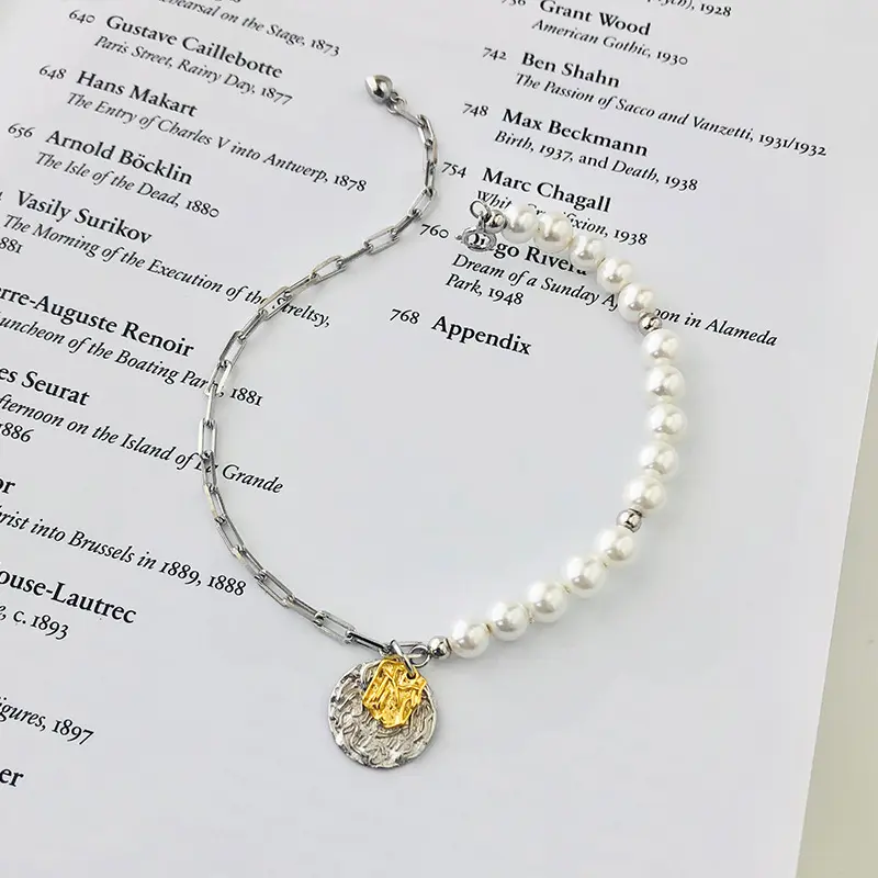 Stilvolles 925 silber vergoldetes Kettenkette-Schale Perle mit rundem Anhänger-Armband für Damen