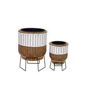 Nouveau design très demandé : Jardinière bombée arrondie en fer et PVC, bicolore contrastant, lot de 2, pour patio et jardin - Product Image 1