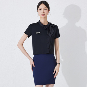 White Short Sleeve Blouse With Bow Tie Button Down Women's Work Shirt Professional Office Wear Poplin Fabric - Product Image 4