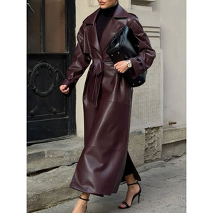 Cappotto Lungo Invernale da Donna Elegante e Casual in Pelle PU <span class=keywords><strong>Rosso</strong></span> Scuro con Cintura, Lunghezza alla Caviglia - Product Image 2