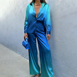 New Women's Loose Printed Long Sleeve Shirt Long <b>Pants</b> Gradient Color Casual 2 Piece Set Fashion - Product Image 6