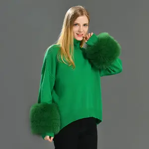 Colorido Removível Real Fox Fur Cuffs Gola Pullover Casaco De Malha Solto Outono Atacado Custom Mulheres Cashmere Sweater