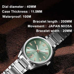 Montres mécaniques automatiques de luxe pour hommes, personnalisées OEM, lumineuses, avec mouvement NH35A, saphir, acier inoxydable, 10 bars, cadran bleu. - Product Image 1