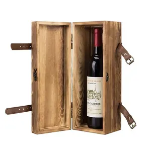 Wine Carrying Case Vintage Trunk Wooden Wine Single Bottle Gift Box Wood Wine Box with Leatherette Buckle Straps