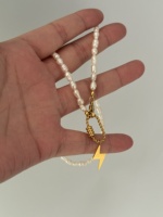Collier de perles d'eau douce étanche 304 en acier inoxydable bijoux de mode délicat mousqueton fermoir collier foudre charme unisexe