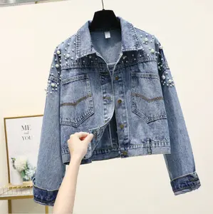 Wholesale denim jackets suppliers casual fashion punk pearl beaded classic jean denim jacket for women