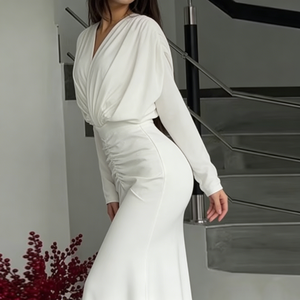 <span class=keywords><strong>Robe</strong></span> <span class=keywords><strong>de</strong></span> soirée/mariage sur mesure en satin blanc, col en V profond, manches longues, taille froncée, traîne sirène - Product Image 3