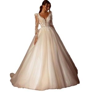 V-Neck <b>Lace</b> Ball Gown Wedding Dress Natural Waist Vintage Style Pure <b>White</b> Ivory Polyester Fabric - Product Image 5