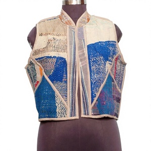 Gilet en coton patchwork avec col mandarin et motif appliqué pour femme, veste courte de printemps en tissu tissé - Product Image 1