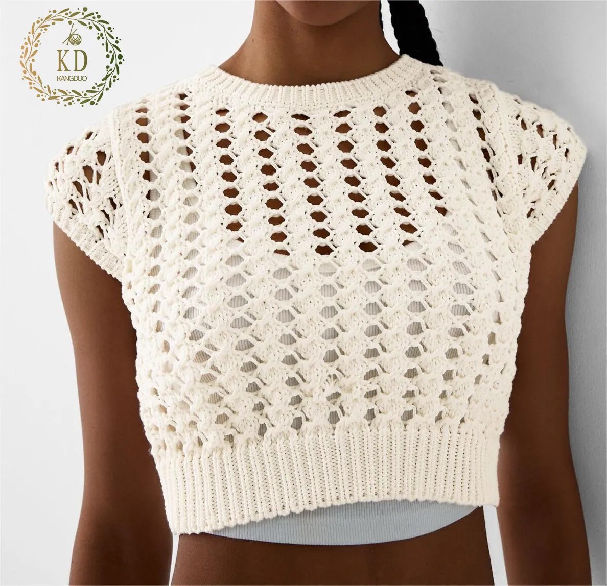 KD 니트웨어 제조업체 맞춤형 로고 패턴 여름 메쉬 반소매 투각 니트 여성 탑 스웨터
