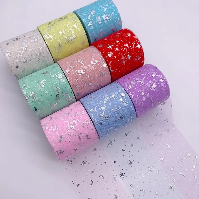 6Cm * 25Yard Moon Star Gedrukt Tulle Rolls Tule Mesh Stof Lint Voor Hairbows Materiaal