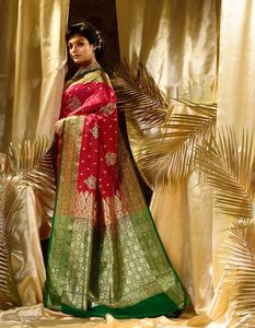 Festive Wear Women's Silk <b>Saree</b> <b>Red</b> With Green Border Traditional Ethnic Wear For Wedding Occasion India Pakistan Style - Product Image 2