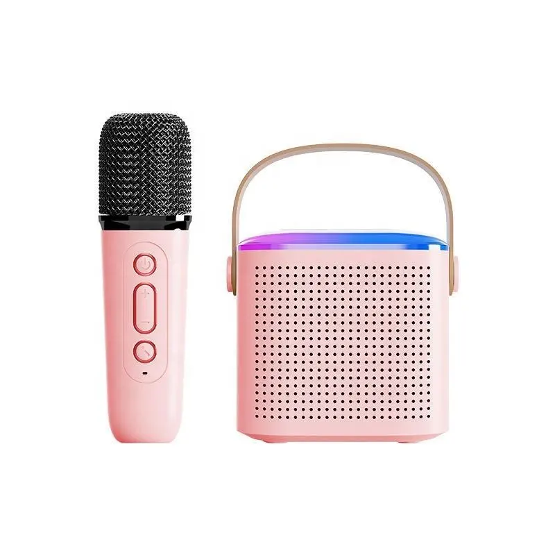Speaker Suara luar ruangan Mini merah muda, pengeras suara Bluetooth nirkabel dengan mikrofon Karaoke lampu RGB dengan 1 Mikrofon