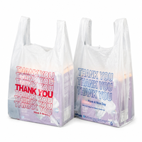 Sac de courses en plastique translucide blanc avec impression « Merci » rouge et bleue, recyclable, à fond large, pour la vente au détail et l'épicerie