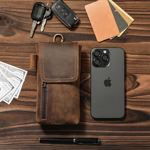 Vintage Top Grain Leather <b>Men</b> Waist Bag Multifunctional Magnetic Phone <b>Pouch</b> Belt Clip Purse Genuine Leather Wholesale - Product Image 5