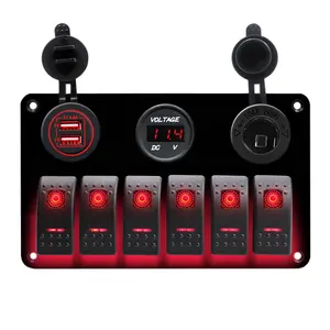 Amomd 6 Gang Waterproof LED Car Boat Switch Panel Rocker Switches with Power Socket On-Off Function 12V 20A Maximum Current