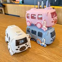 Nouveau Style Creative Bus Forme 500ml En Plastique Paille Tasse Réutilisable Sans BPA Étudiant Potable Bouteille D'eau avec Paille et Corde