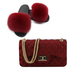 Pantoufles à bandoulière en fourrure pour femmes, chaussures duveteuses, en gelée colorée, sac à épaule, ensembles, diapositives de fourrure de renard véritable, sac à bandoulière pour dames, nouvelle collection 2020 - Product Image 6