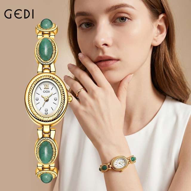 GEDI 14045 Retro Jade Bracelet Women's Watch Oval diamond Dial Light Luxury Niche Chinese Style