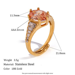 18K Pvd Gold Plated Oval Cz Natural Stone 316L <b>Stainless</b> <b>Steel</b> Waterproof Hypoallergenic Adjustable Stackable <b>Ring</b> For Women - Product Image 6