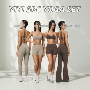 Ensemble de vêtements de yoga pour femmes, 5 pièces, sans couture, en Spandex/Nylon respirant, avec soutien-gorge de sport et short à col en V, idéal pour l'extérieur – Meilleures ventes - Product Image 2