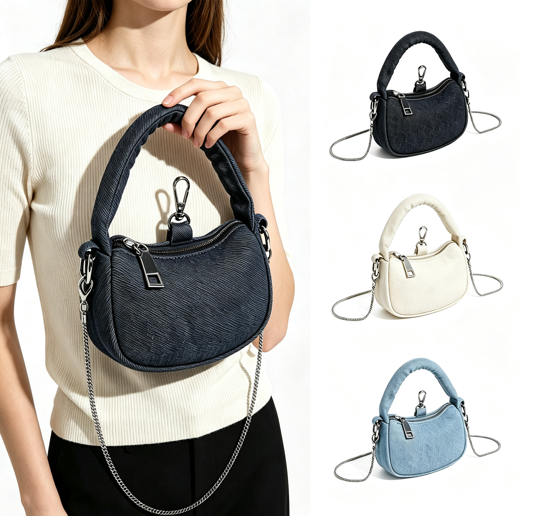 Mini Handle Handbag Detachable Silver Chain Crossbody Bag
