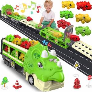 Los Juguetes de Camiones Más Nuevos, 6 Vehículos de Dinosaurios, Camión de Transporte de Juguetes, Set de Pista de Carreras con Luces y Sonidos para Niños - Product Image 1